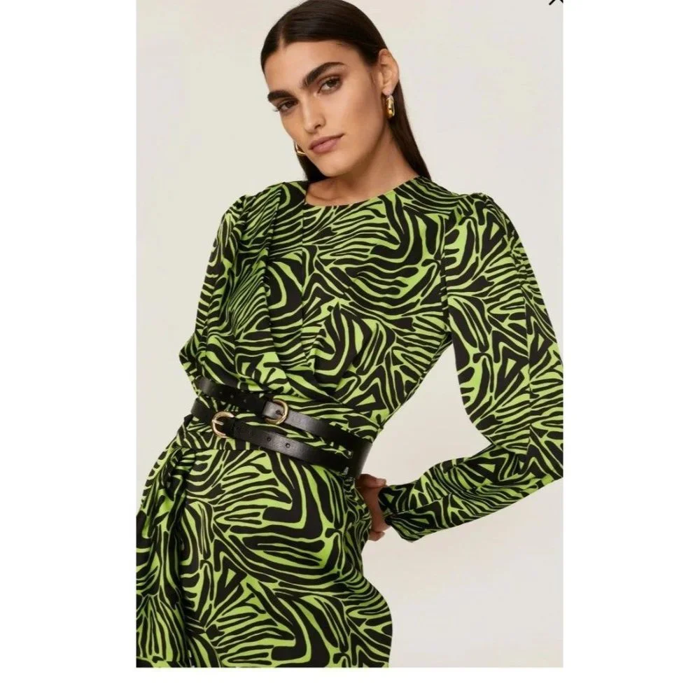 Rent the runway size 4 low cut ronny kobo zebra print green dress ruffle animal